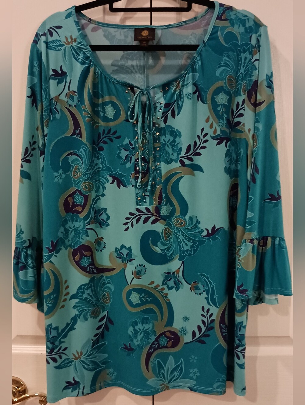 Charming Teal Floral Tie-Neck Women's Top